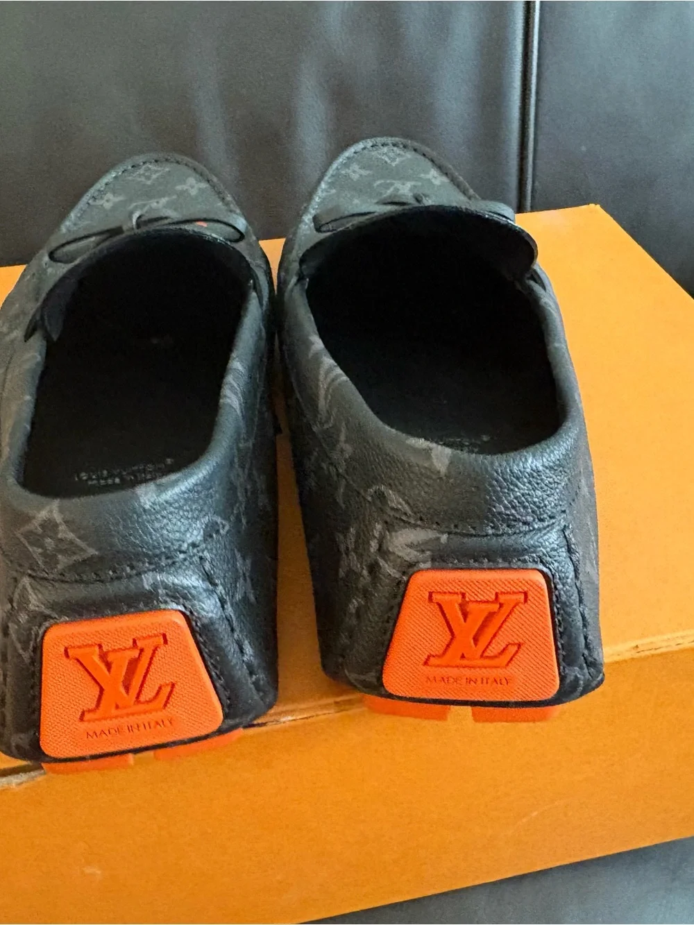Louis Vuitton Black Monogram Driving Moccasins with Orange Accents